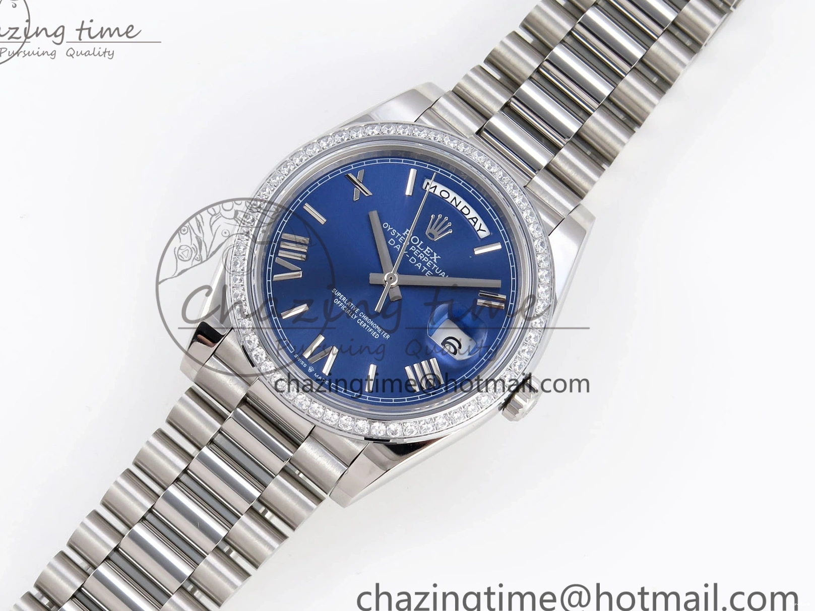 MiroTime 0426 QuickDry DayDate 40 SS GSF Gain Weight Blue Roman Dial Diamonds Bezel on President Bracelet A 1917